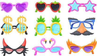 Party spectacles. Funny glasses, carnival dress 70s eye accessories hippie sunglasses dollar stars heart lens frame, funky hipster eyeglasses fun specs