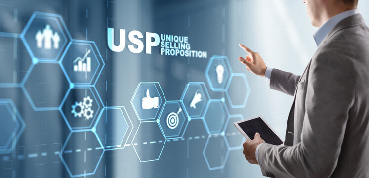 USP. Inscription Unique selling proposition on Virtual Screen. Marketing and technology concept