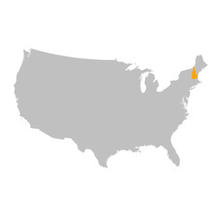 Vector map of the state of New Hampshire highlighted highlighted in bright orange on a map of United States of America.