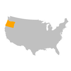 Vector map of the state of Oregon highlighted highlighted in bright orange on a map of United States of America.