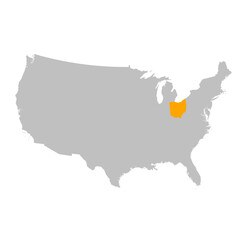 Vector map of the state of Ohio highlighted highlighted in bright orange on a map of United States of America.