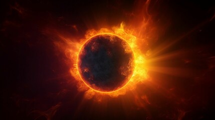 AI generated illustration of a black meteor with glowing orange flames on a black background