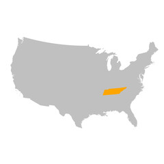 Fototapeta premium Vector map of the state of Tennessee highlighted highlighted in bright orange on a map of United States of America.