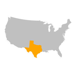 Vector map of the state of Texas highlighted highlighted in bright orange on a map of United States of America.