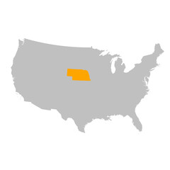 Vector map of the state of Nebraska highlighted highlighted in bright orange on a map of United States of America.