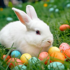 AI-generated illustration of a white rabbit sitting among colorful painted eggs.