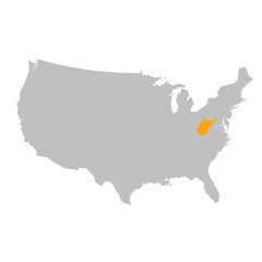 Vector map of the state of West Virginia highlighted highlighted in bright orange on a map of United States of America.