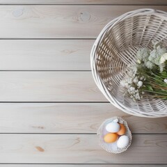 AI generated basket filled with fresh eggs on wooden surface with copyspace, Easter background