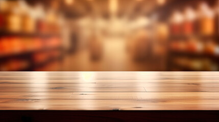 Empty Wooden Table Against a Supermarket Blur