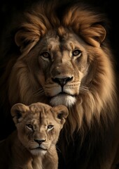 AI generated illustration of a proud lion and its cub together on a black background