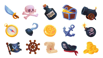 Pirate game icons. Pirate gear 3d object, old-pirate-collection elements caribbean adventure accessories, pirates cartoon treasure casino