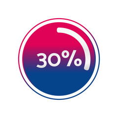 30 percent circle chart, isolated symbol. Vector red blue gradient element. Percentage Infographic sign. Illustration, icon for business, finance, progress, report, web design, download