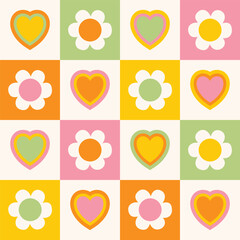 Hearts and flowers on checked background seamless vector pattern. Nostalgic backdrop design with a modern twist. Happy and nice vibe. - 619406570