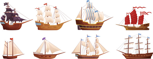 Old wooden ships. Cartoon sailing ship, wind sail boat pirate frigate warship longboat simple schooner nave, traditional ancient sailboat sea galleon, ingenious vector illustration