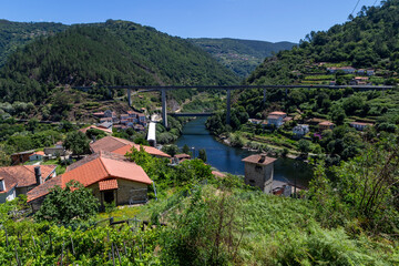View of the village of Os Peares from the Casdavil viewpoint. Ribeira Sacra, Ourense, Spain.