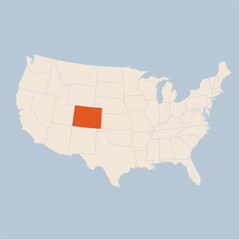 Vector map of the state of Colorado highlighted highlighted in pastel orange on a beige map of United States of America.