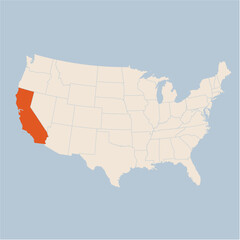 Vector map of the state of California highlighted highlighted in pastel orange on a beige map of United States of America.