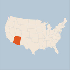 Fototapeta na wymiar Vector map of the state of Arizona highlighted highlighted in pastel orange on a beige map of United States of America.