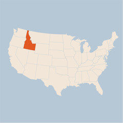 Vector map of the state of Idaho highlighted highlighted in pastel orange on a beige map of United States of America.
