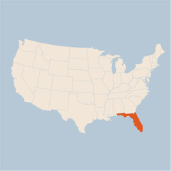 Fototapeta na wymiar Vector map of the state of Florida highlighted highlighted in pastel orange on a beige map of United States of America.