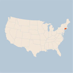 Vector map of the state of Connecticut highlighted highlighted in pastel orange on a beige map of United States of America.