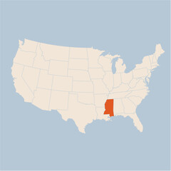 Vector map of the state of Mississippi highlighted highlighted in pastel orange on a beige map of United States of America.