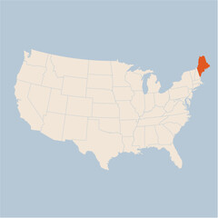 Vector map of the state of Maine highlighted highlighted in pastel orange on a beige map of United States of America.
