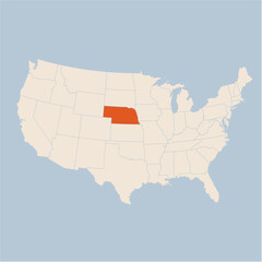 Vector map of the state of Nebraska highlighted highlighted in pastel orange on a beige map of United States of America.
