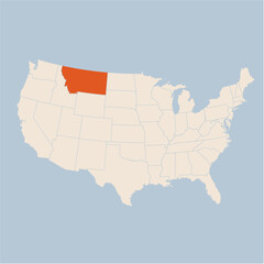 Fototapeta na wymiar Vector map of the state of Montana highlighted highlighted in pastel orange on a beige map of United States of America.