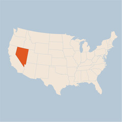 Vector map of the state of Nevada highlighted highlighted in pastel orange on a beige map of United States of America.