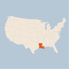 Fototapeta na wymiar Vector map of the state of Louisiana highlighted highlighted in pastel orange on a beige map of United States of America.