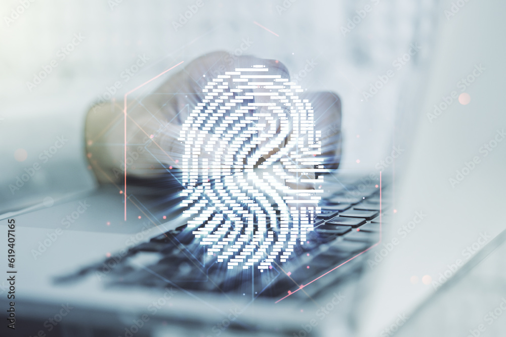 Poster double exposure of abstract creative fingerprint hologram with hands typing on laptop on background,
