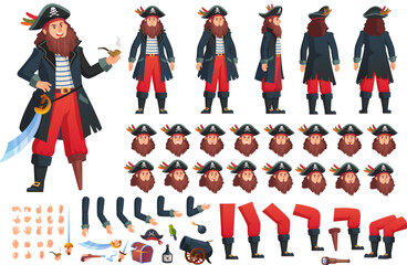 Pirate animation. 2d pirat animated character, cartoon man in pirates costume comic villain creation captain sailor motion corsair