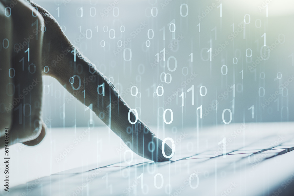 Fototapete creative concept of binary code illustration and hands typing on laptop on background. big data and 
