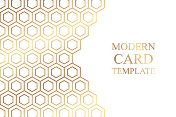 Modern geometric luxury white background for business or poster or greeting card with golden honeycombs or hexagons.