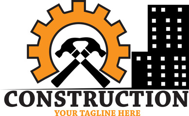 construction hammer logo with gears and tall building, vector, illustration