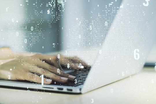 Abstract creative coding concept with world map and hands typing on laptop on background. Multiexposure