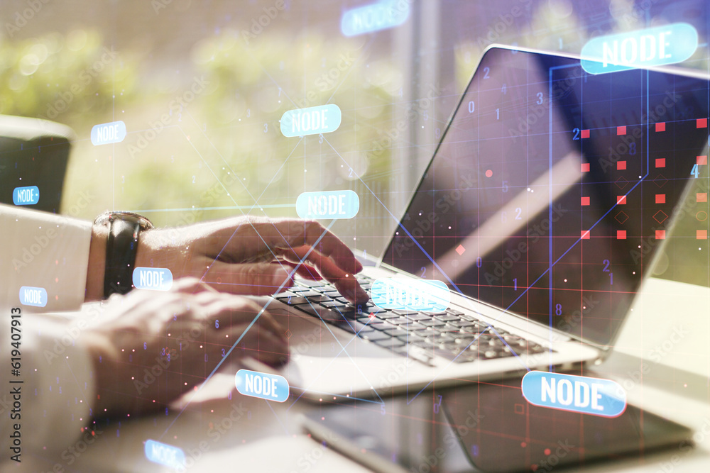Poster Abstract creative coding illustration with hands typing on laptop on background, software development concept. Multiexposure