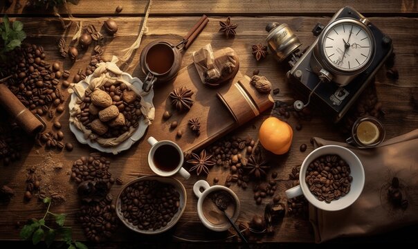  a wooden table topped with cups of coffee and a clock.  generative ai