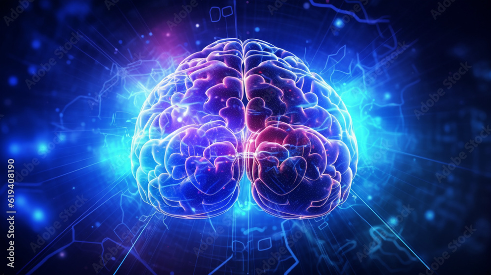 Wall mural Human brain on neon glowing digital cyber technology background.