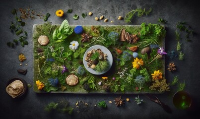  a tray with a variety of food on top of it.  generative ai