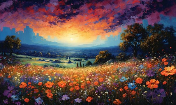  a painting of a field of flowers with a sunset in the background.  generative ai