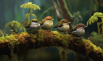  a group of birds sitting on top of a moss covered branch.  generative ai