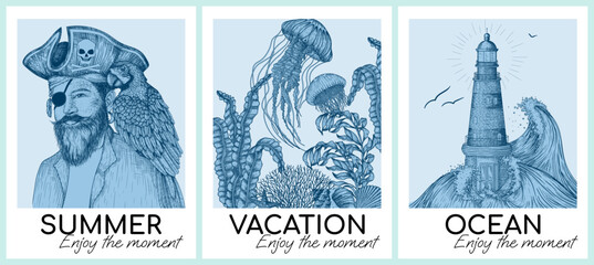Vector illustration of a set of 3 nautical posters. Pirate with a parrot, a seabed with jellyfish and a lighthouse