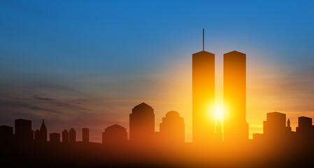 New York skyline silhouette with Twin Towers at sunset. American Patriot Day banner.