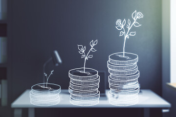 Double exposure of cash savings hologram and modern desktop with laptop on background. Development and achievement of goals concept - obrazy, fototapety, plakaty