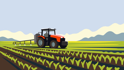 Tractor spraying pesticides on field spring. Agriculture landscape