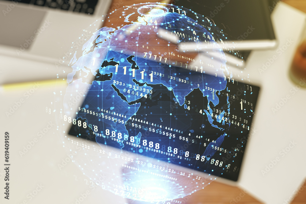 Poster double exposure of abstract creative programming illustration with world map and modern digital tabl