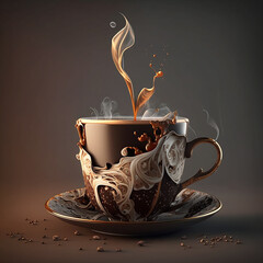 Mug of hot coffee in art style. Generative AI.