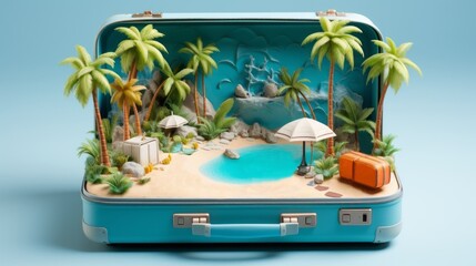 isolated open suitcase with vacation landscape